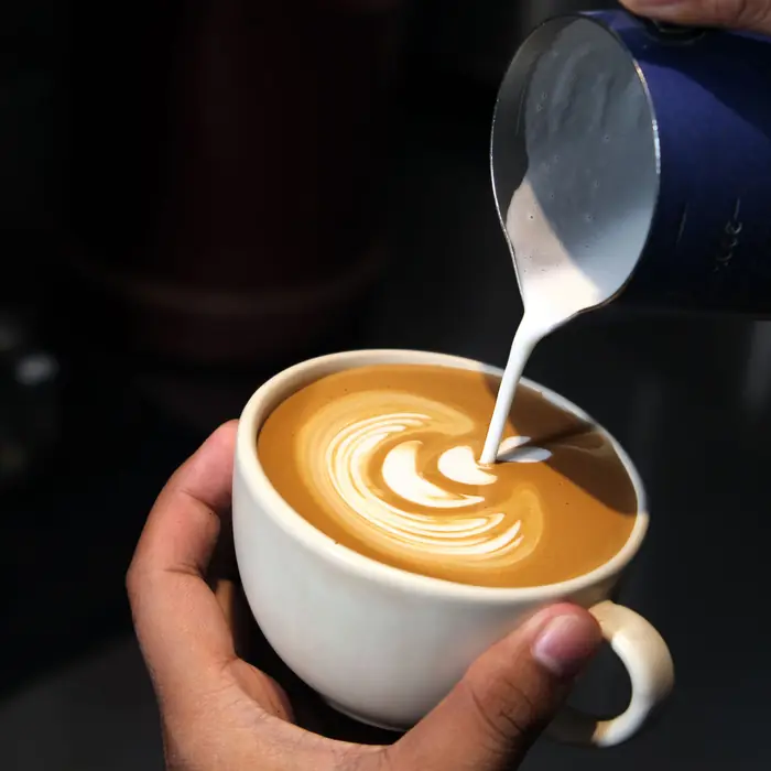 Steamed milk being poured into a latte to make a leaf pattern